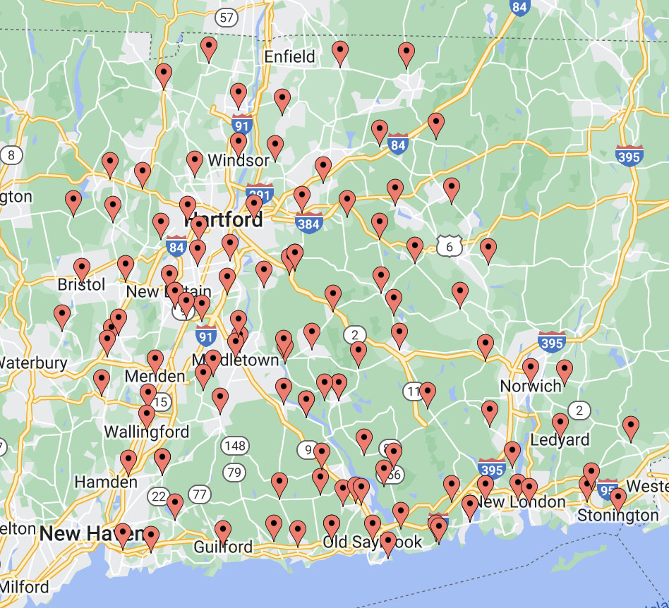 Map showing multiple location markers over Hartford and surrounding town in Connecticut.