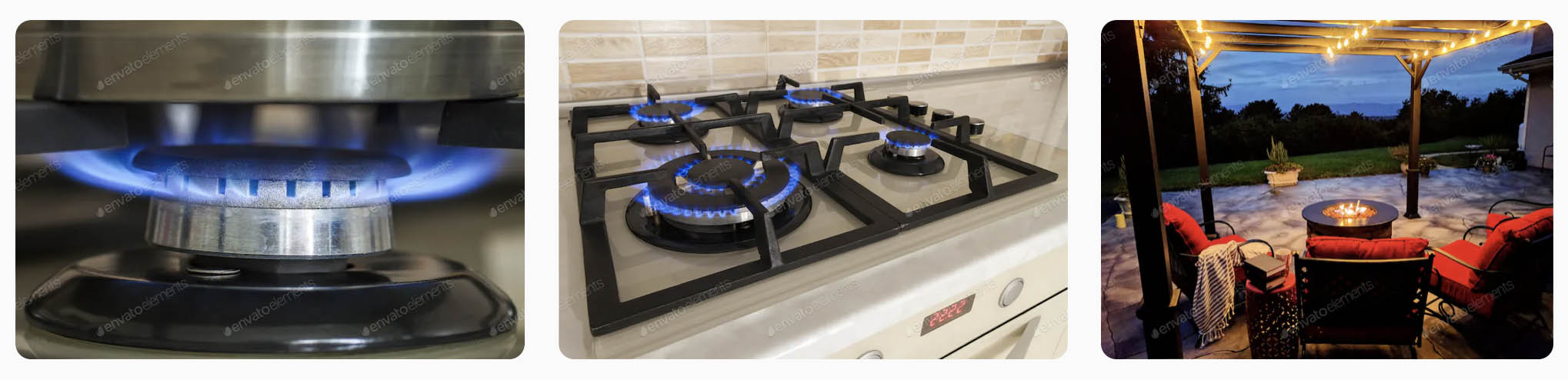 A series of pictures showing a gas stove in a kitchen, highlighting its efficiency and eco-friendliness. Propane