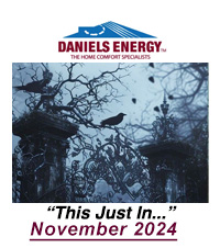 Dark, eerie scene with crows on bare branches and an ornate gate, beneath the text: "Daniels Energy: This Just In—November 2024.