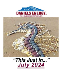 Rock sculpture of a seahorse on sand under a "Daniels Energy" logo and text: "This Just In... 2024.