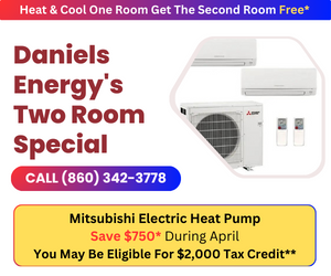 Promotion for Daniels Heating Oil's two-room special offer on Mitsubishi Electric heat pump with potential savings and tax credit incentives.