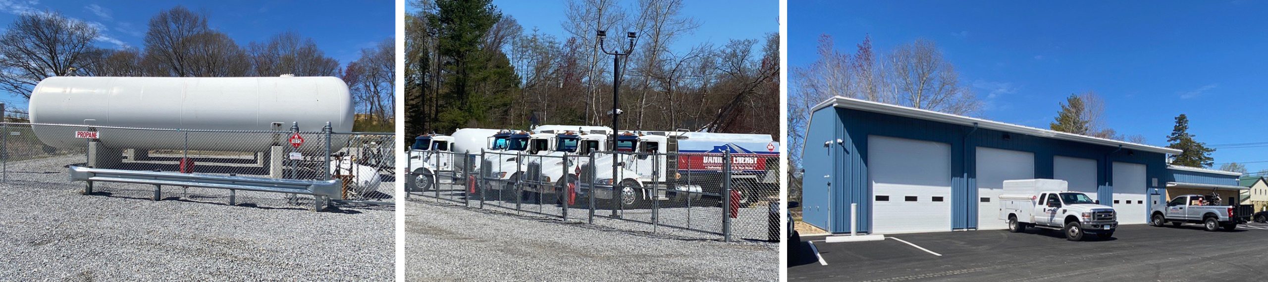 Daniels Propane Old Saybrook industrial facilities: a large propane storage tank, parked utility vehicles, and a warehouse with parked trucks.