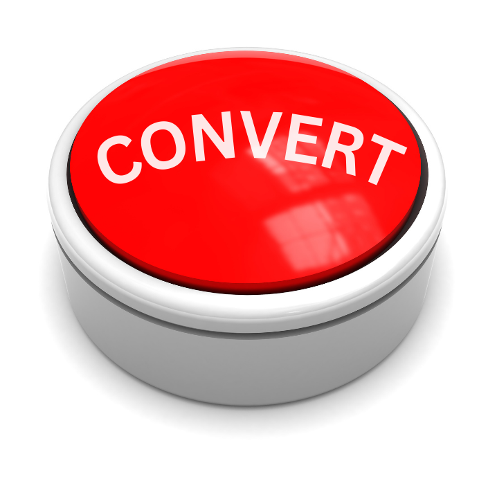 A large red button with the word "CONVERT" in white text on its surface sits like a gleaming beacon. The button, reminiscent of a propane control, has a reflective shine and is mounted on a sleek silver base.
