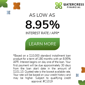 Ad for Watercress Financial showing an interest rate as low as 8.95% APR for a 180-month loan, with a green "Learn More" button and loan terms in small print.