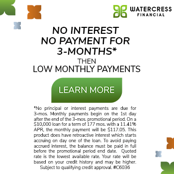 Promotional ad for Watercress Financial offering no interest for 3 months, then low monthly payments; includes disclaimer and a "Learn More" button.