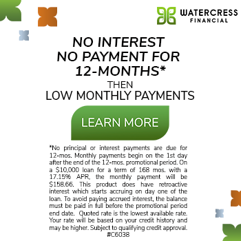 Advertisement for Watercress Financial offering no interest, no payments for 12 months, followed by low monthly payments, with terms and conditions in small print below.