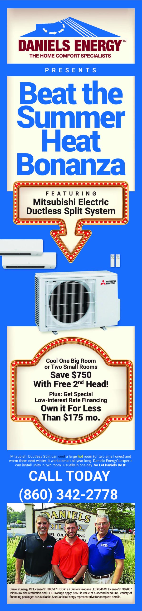 Promotional flyer for Daniel's Energy featuring a Mitsubishi Electric ductless split system with a Summer Heat Bonanza, contact number, and a photo of three people wearing Daniel's shirts.