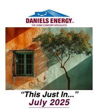 A window and tree cast shadows on a multicolored wall, with the Daniels Energy logo above and the text “This Just In... July 2025 Newsletter” below.