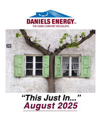 Logo for Daniels Energy above an image of two green-shuttered windows with a tree in between, captioned “This Just In... August 2025 Newsletter.”.