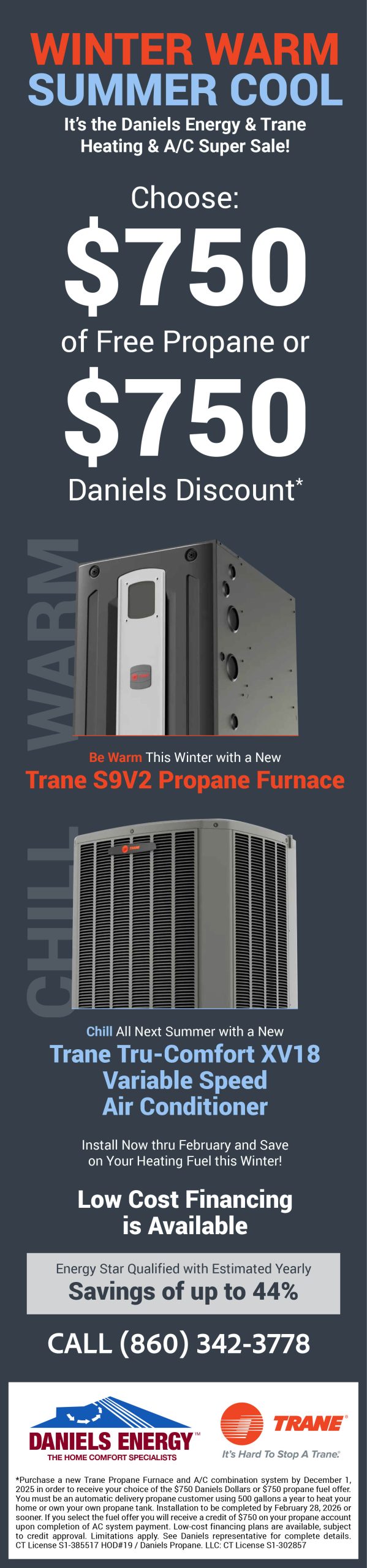 Promotional flyer for Daniels Energy & Trane: Save $750 or get free propane with select furnace and A/C systems. Financing available. Offer valid into 2025. Contact us today!.