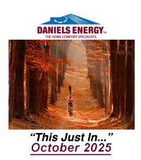 Two people ride bicycles on a leaf-covered path through a forest in autumn. Text above reads "Daniels Energy," and below, "'This Just In...' October 2025 Newsletter.