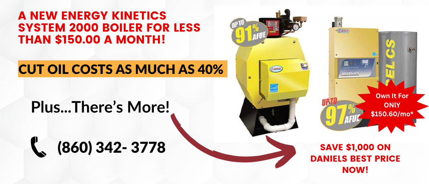 Advertisement for Energy Kinetics System 2000 boiler in yellow and blue. Call now for our special November offer—save $1,000, plus enjoy payments as low as $150.60/month.
