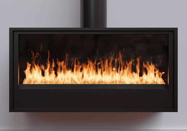 A propane fireplace with flames.